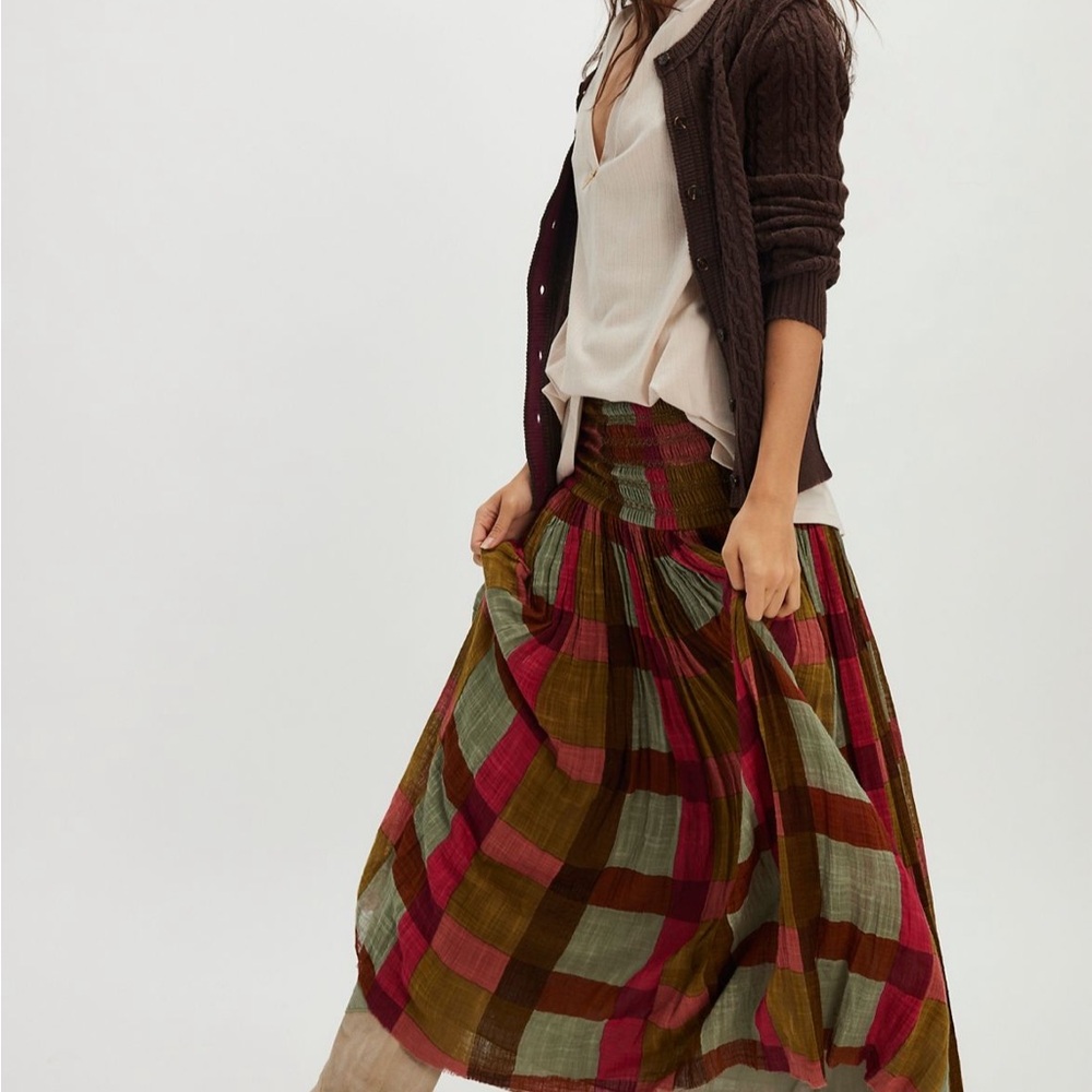 Free People Red and Green Plaid A-Line Skirt